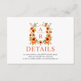 Orangefarbene Blume Wappen und QR-Code Hochzeit Begleitkarte