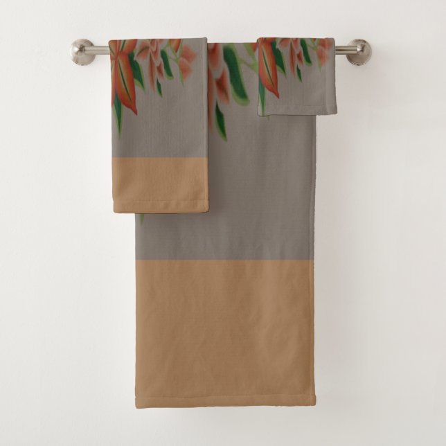 Orangefarbene Blüte mit grauem und sandbraunem Badhandtuch Set (Insitu)