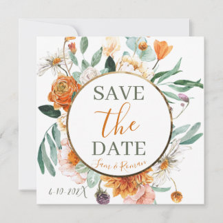 Orangefarbene Blütenkarte Save the Date Einladung