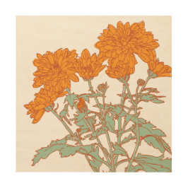 Orangefarbene Chrysanthemum Blume botanische Linie Holzdruck