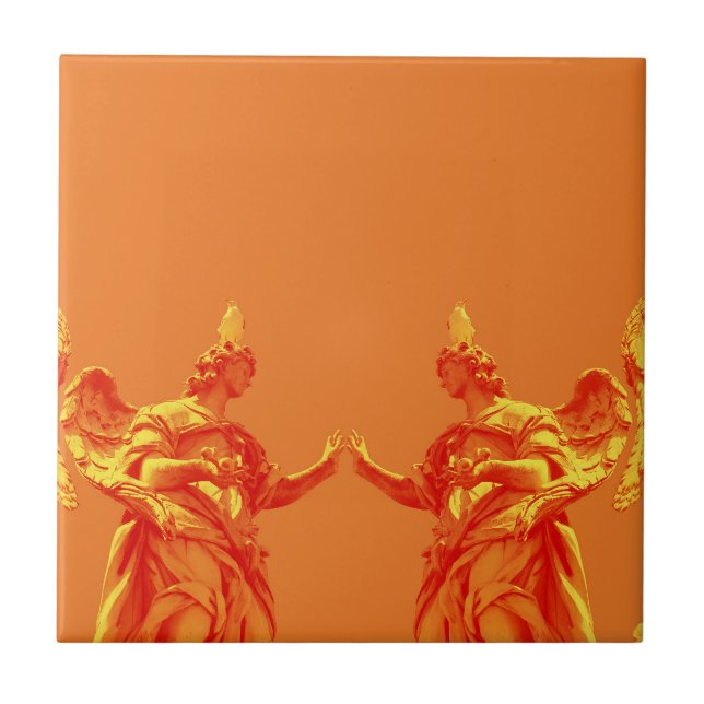 Orangefarbene digitale Kunst mit Skulpturen Fliese (Vorderseite)