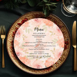 Orangefarbene Flora Menükarte<br><div class="desc">Elegante orange Aquarelltöne und elegante Blätter unterstreichen diese Round Dinner Menükarten mit Ihren Menüoptionen in schicker Schrift und Ihrer persönlichen Botschaft auf der Rückseite. Ideal für einen modernen Hochzeitsempfang,  ein Hochzeitsdinner,  ein Jubiläum-Party oder ein besonderes Probe mit einem Dinner. PASSENDE Artikel in unserem Geschäft.</div>