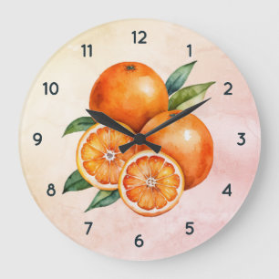Orangefarbene Fruchtuhr mit schwarzen Zahlen Große Wanduhr