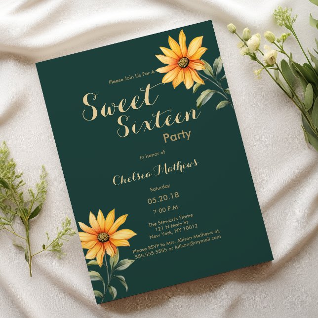 Orangefarbene Goldsonnenblume 16 . Geburtstag Einladung (Orange green gold sunflower floral Sweet Sixteen)