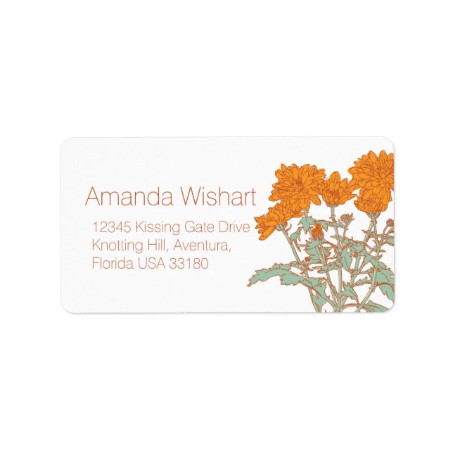 Orangefarbene grüne Blume Hochzeitstitel Adressaufkleber (Vorne)