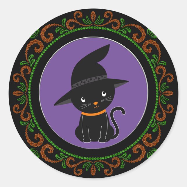 Orangefarbene grüne schwarze Katze mit einem Hexen Runder Aufkleber (Vorderseite)
