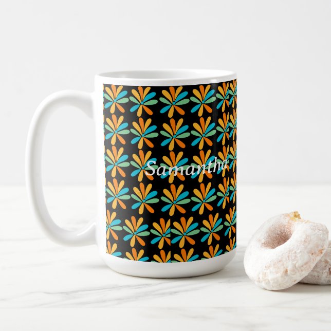 Orangefarbene, grüne und blaue Blumen Kaffeetasse (Mit Donut)