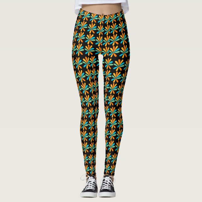 Orangefarbene, grüne und blaue Blumen Leggings (Vorderseite)