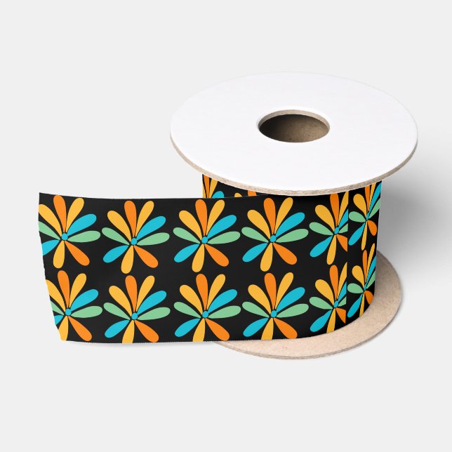 Orangefarbene, grüne und blaue Blumen Satinband (Spule)