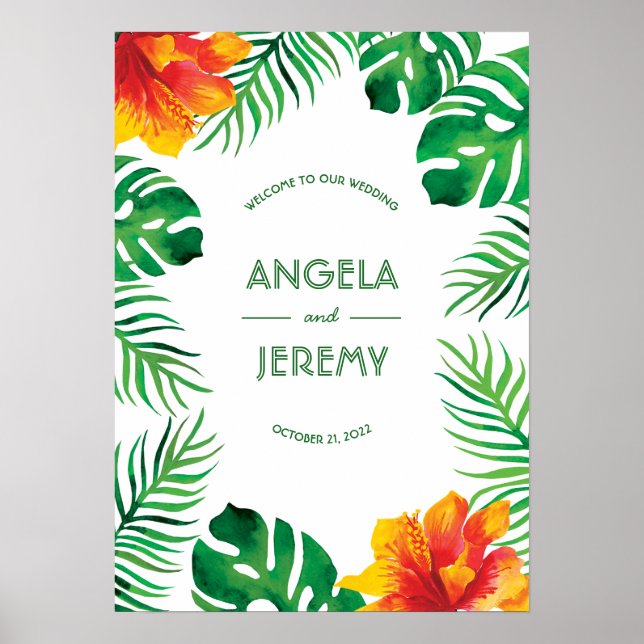 Orangefarbene Hibiskus- und tropische Blätter Hoch Poster (Vorne)
