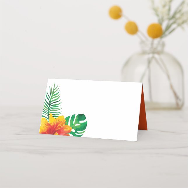 Orangefarbene Hibiskus- und tropische Blätter Platzkarte (Rückseite)
