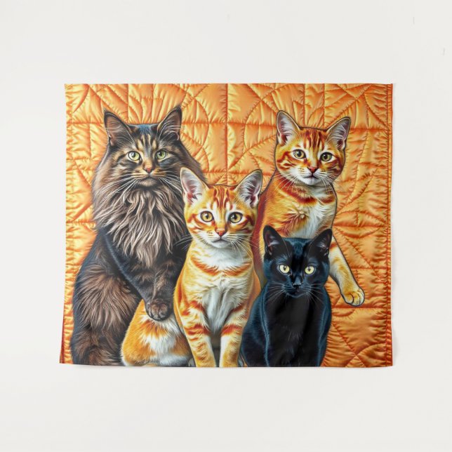 Orangefarbene Hintergrunde vier Katzen Wandteppich (Vorderseite (Horizontal))