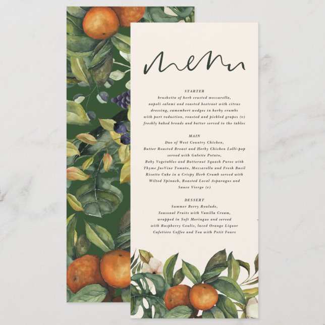 Orangefarbene Hochzeit mit Blumen Menükarte (Vorne/Hinten)