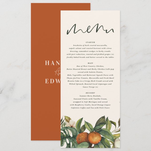 Orangefarbene Hochzeit mit Blumen Menükarte (Vorne/Hinten)
