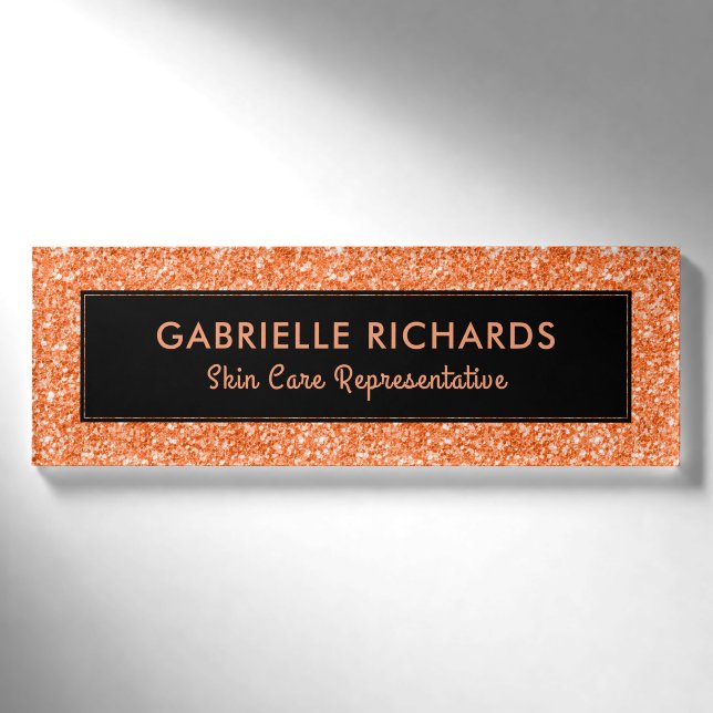 Orangefarbene Imitate Glitzer- und Schwarzer Text- Namenschild (Vorderseite)