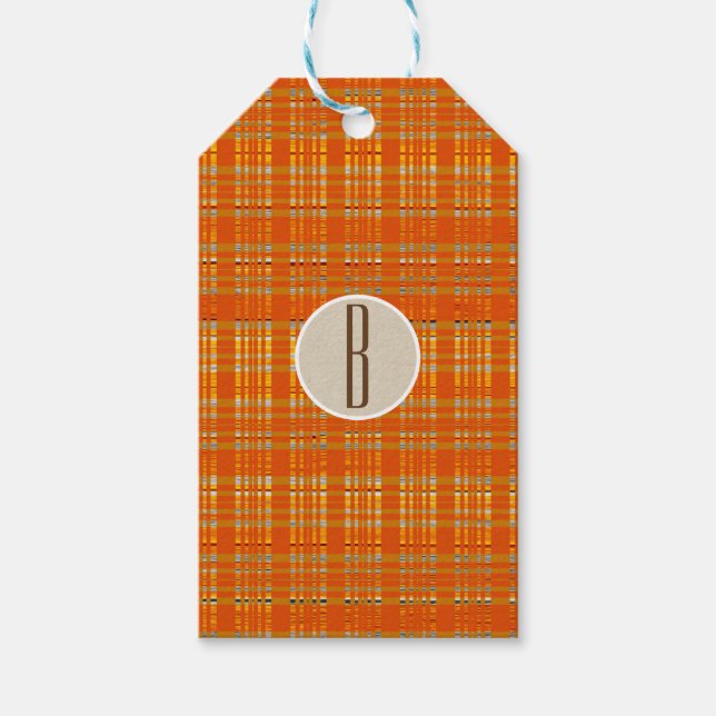 Orangefarbene Karierte und braune Kraft-Rustikale  Geschenkanhänger (Vorderseite)