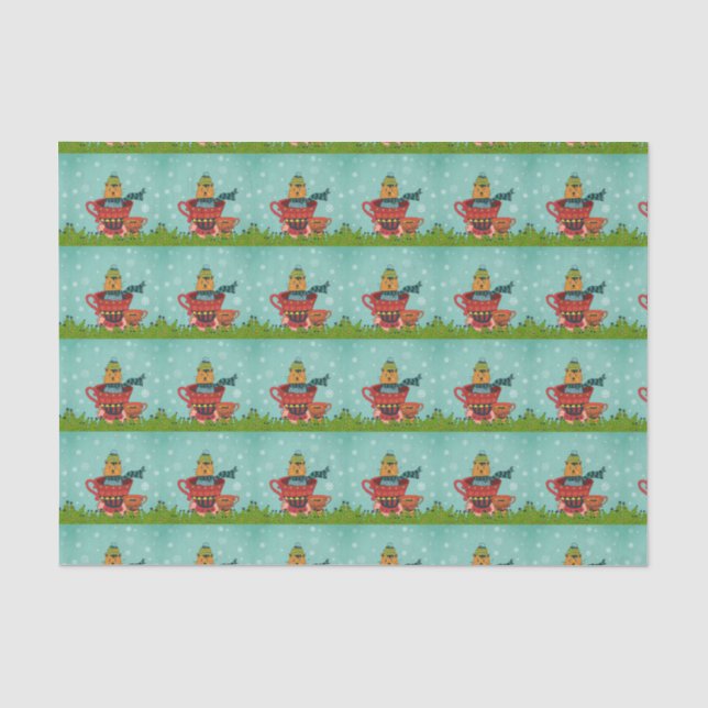 Orangefarbene Katze im Teacup Weihnachtsmuster Seidenpapier (Vorderseite)