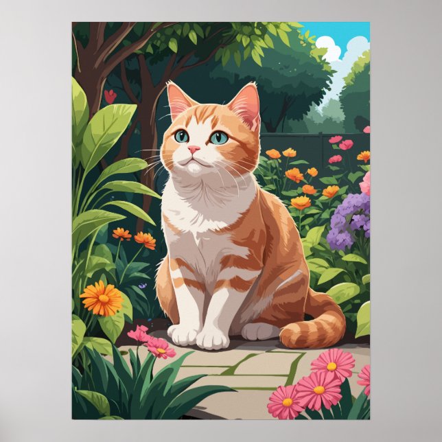 Orangefarbene Katze in einem bunten Garten Poster (Vorne)