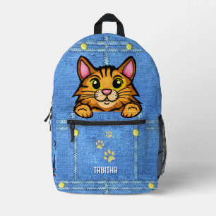 Orangefarbene Katze in Imitaten Denim Pocket mit I Bedruckter Rucksack