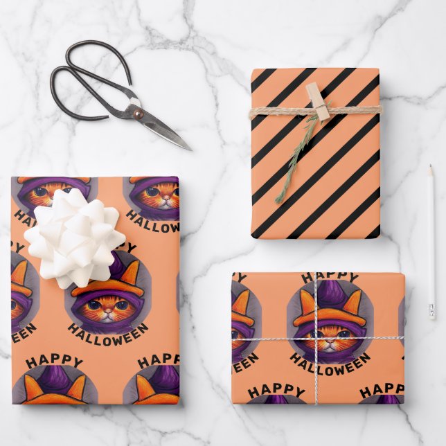 Orangefarbene Katze mit Lila Hexenhutenhappenhamme Geschenkpapier Set (Vorderseite)