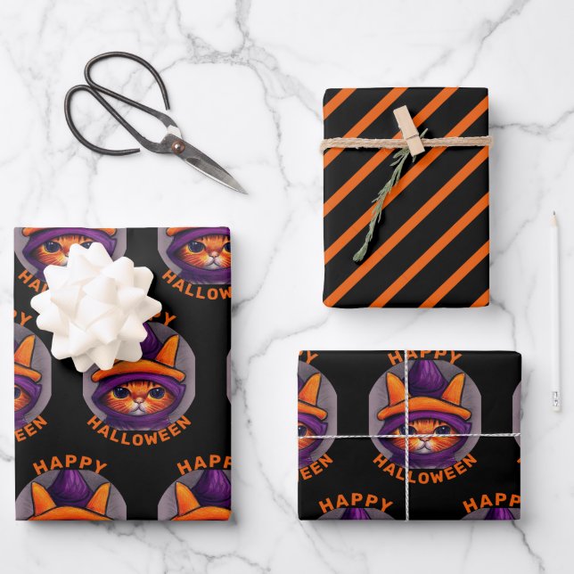Orangefarbene Katze mit Lila Hexenhutenhappenhamme Geschenkpapier Set (Vorderseite)