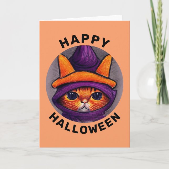 Orangefarbene Katze mit Lila Hexenhutenhappenhamme Karte (Vorderseite)