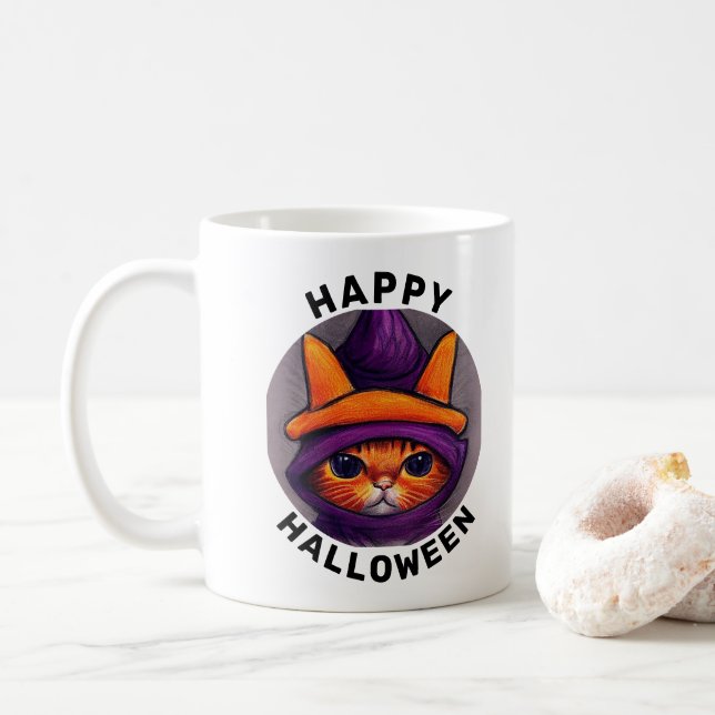 Orangefarbene Katze mit Lila Hexenhuttholz Kaffeetasse (Mit Donut)
