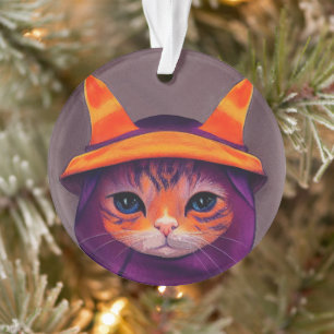 Orangefarbene Katze mit Lila Hexenhuttholz Ornament