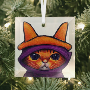 Orangefarbene Katze mit Lila Hexenhuttholz Ornament Aus Glas