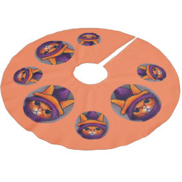 Orangefarbene Katze mit Lila Hexenhuttholz Polyester Weihnachtsbaumdecke