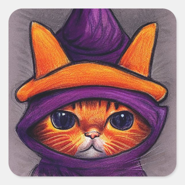 Orangefarbene Katze mit Lila Hexenhuttholz Quadratischer Aufkleber (Vorderseite)