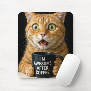 Orangefarbene Katze mit lustiger Kaffee-Tasse Mousepad