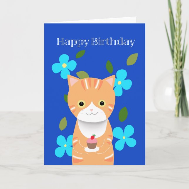 Orangefarbene Katze mit niedlichem Kuchen Geburtst Karte (Vorderseite)