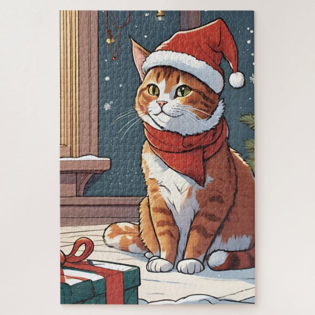 Orangefarbene Katze mit Weihnachtshut süße Tier (Vertikal)