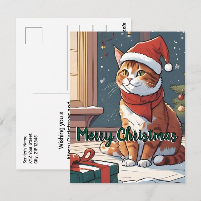 Orangefarbene Katze mit Weihnachtshut süße Tier Postkarte (Vorne/Hinten)