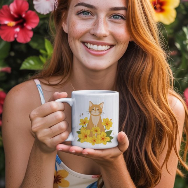 Orangefarbene Katze, umgeben von Blume aus gelbem  Kaffeetasse (Von Creator hochgeladen)