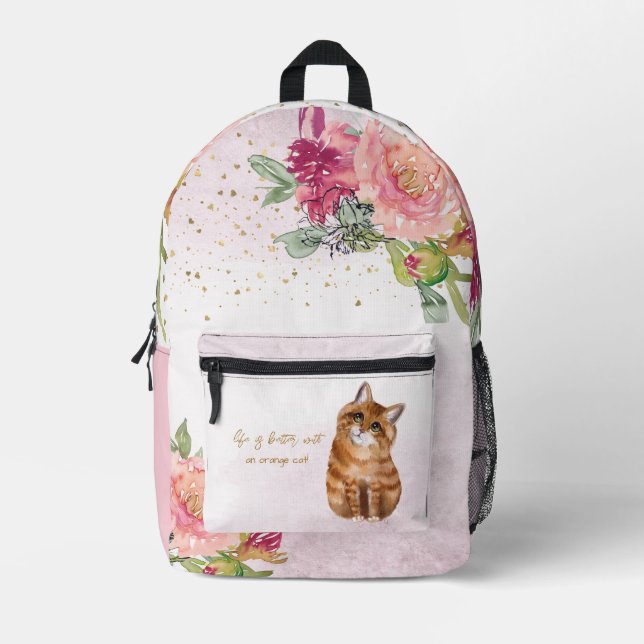 Orangefarbene Katzen-Illustration und Blumengurt Bedruckter Rucksack (Vorderseite)