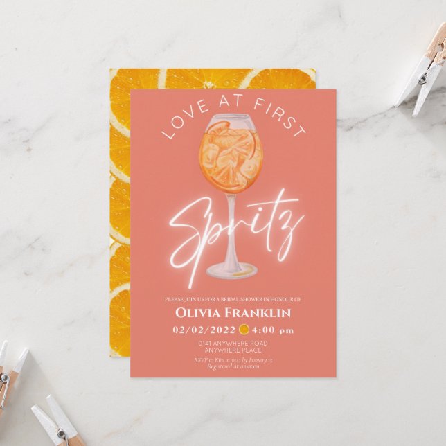 Orangefarbene Liebe im ersten Spritz-Brautparty Einladung (Vorderseite/Rückseite Beispiel)