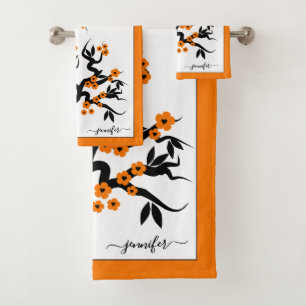 Orangefarbene Liebesvögel Kirschbaum, Blüten und G Badhandtuch Set