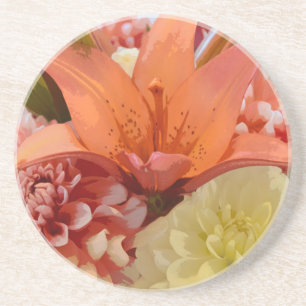 Orangefarbene Lilien und Dahlien Blume Getränkeuntersetzer