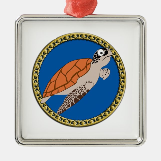 Orangefarbene Meeresschildkröte mit Goldrahmen Ornament Aus Metall (Vorne)