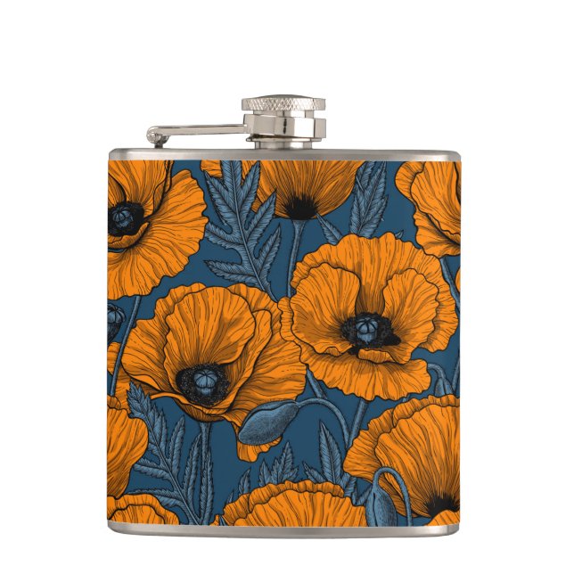 Orangefarbene Mohn in dunkelblau Flachmann (Vorderseite)