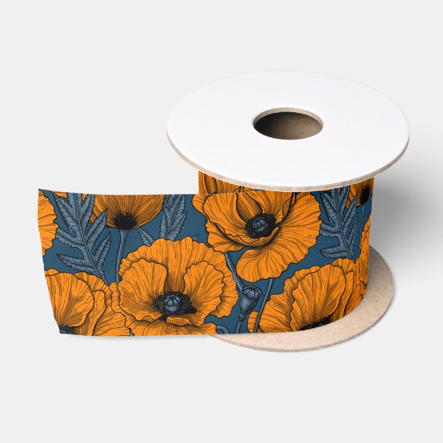 Orangefarbene Mohn in dunkelblau Satinband (Spule)