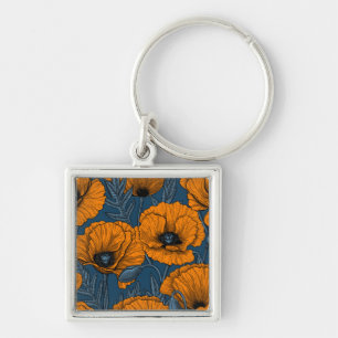 Orangefarbene Mohn in dunkelblau Schlüsselanhänger