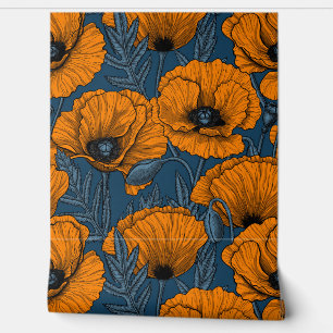 Orangefarbene Mohn in dunkelblau Tapete