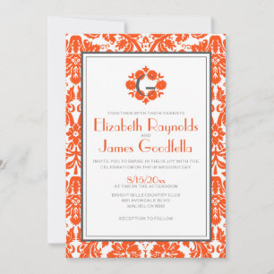 Orangefarbene Monogramm-Damast Hochzeitseinladunge Einladung