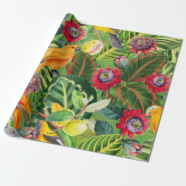 Orangefarbene Papageien in tropischer Blume Dschun Geschenkpapier (Ungerollt)