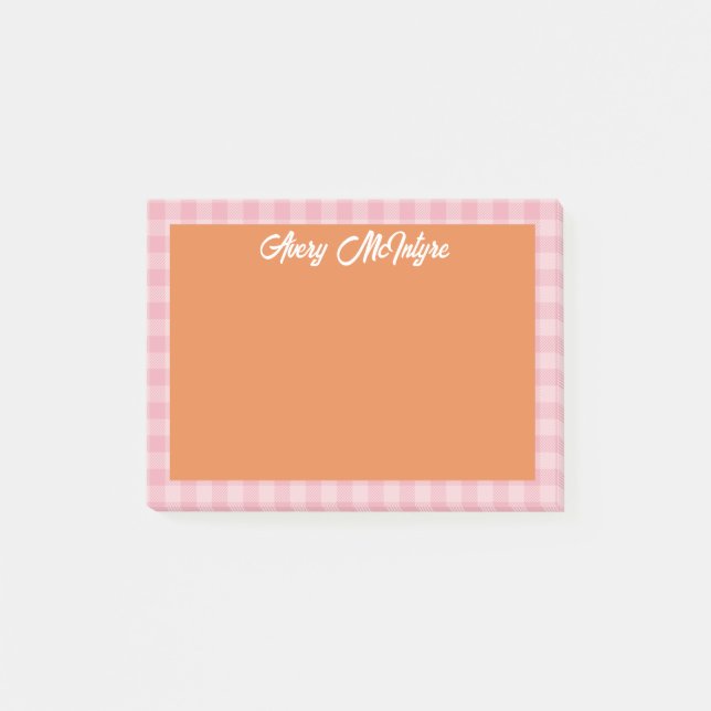 Orangefarbene Pinke Gingham-Rahmen Name In Cooler  Post-it Klebezettel (Vorderseite)