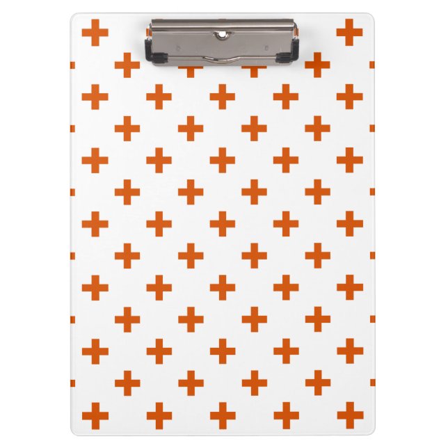 Orangefarbene Polka-Kreuze auf weiß Klemmbrett (Vorderseite)