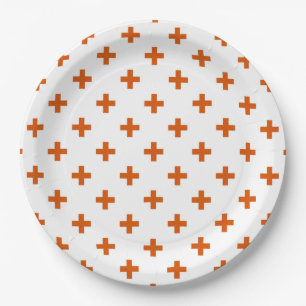 Orangefarbene Polka-Kreuze auf weiß Pappteller